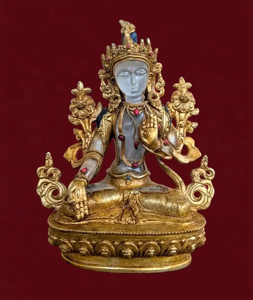 Copper and Crystal White Tara Statue, 24K Gold Plated.