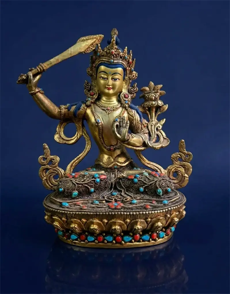 Gold Manjushri Statue with Filigree Detailing