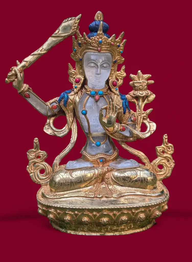 Copper and Crystal Quartz, 24K Gold Plated Manjushri Statue
