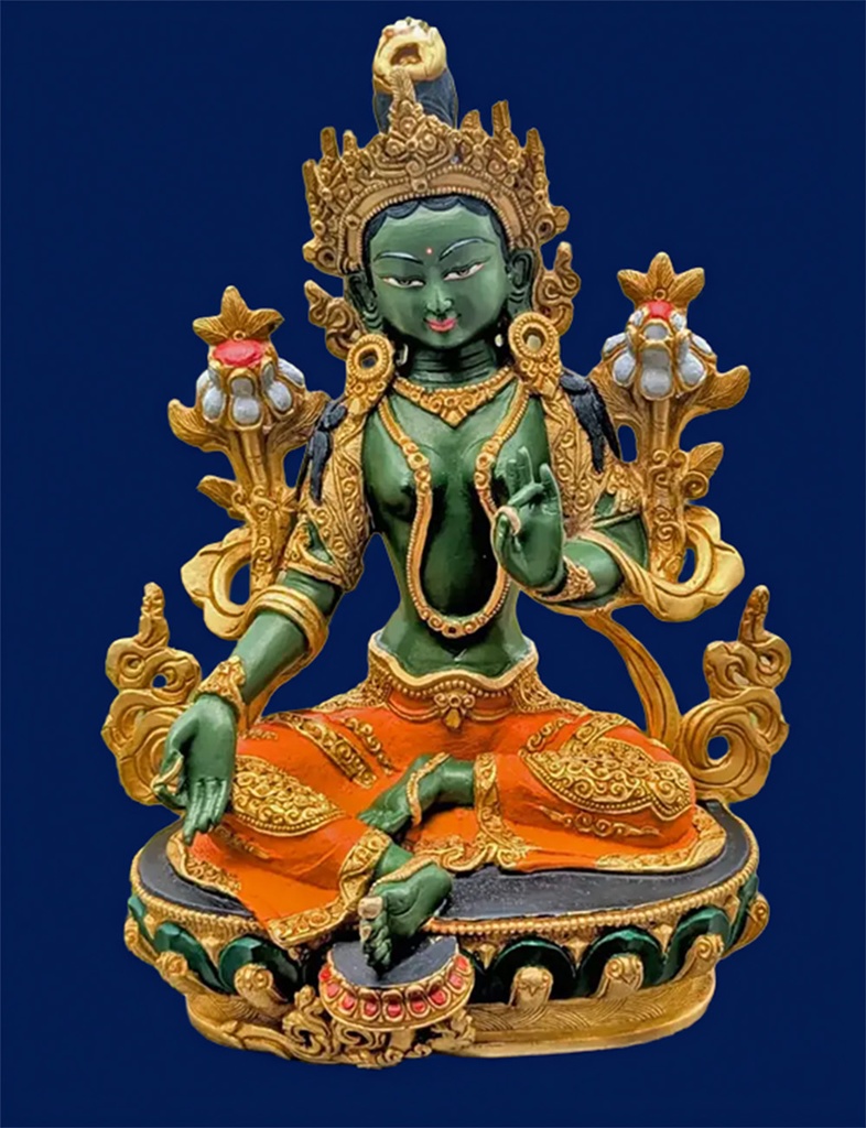 Green Tara Copper and Gold Hand Painted Statue