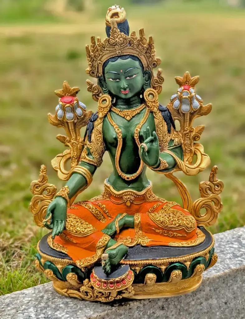Green Tara Copper and Gold Hand Painted Statue