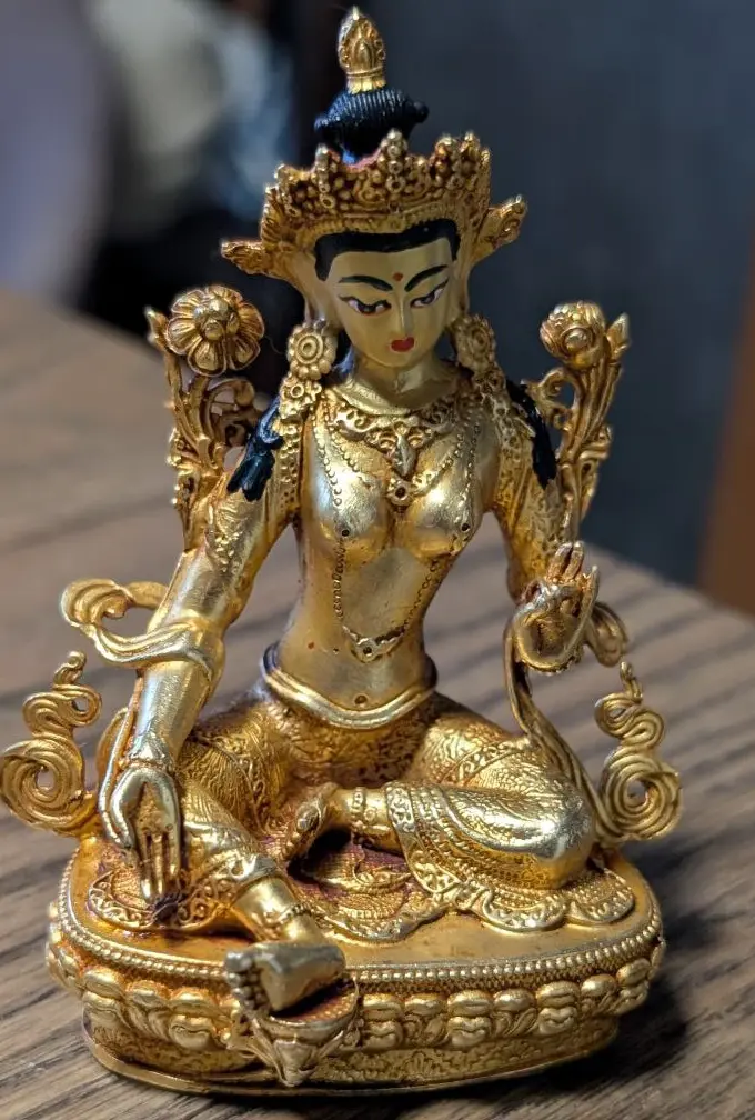 Green Tara Statue: Small 24K Gold Plated Handcrafter Metal Statue