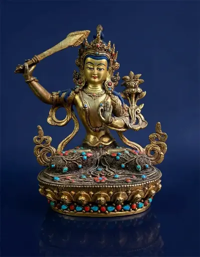 Gold Manjushri Statue with Filigree Detailing