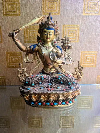Gold Manjushri Statue with Filigree Detailing